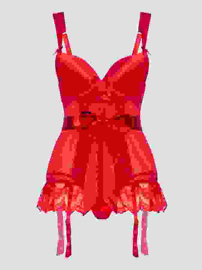Lovehoney Plus Size Moonlight Desire Red Satin Basque Set, Red, hi-res